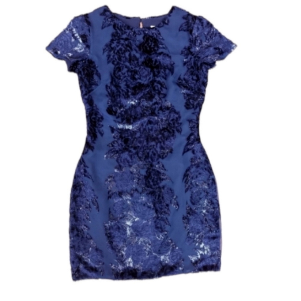 Dress the Population blue velvet sheer mini cocktail dress xs